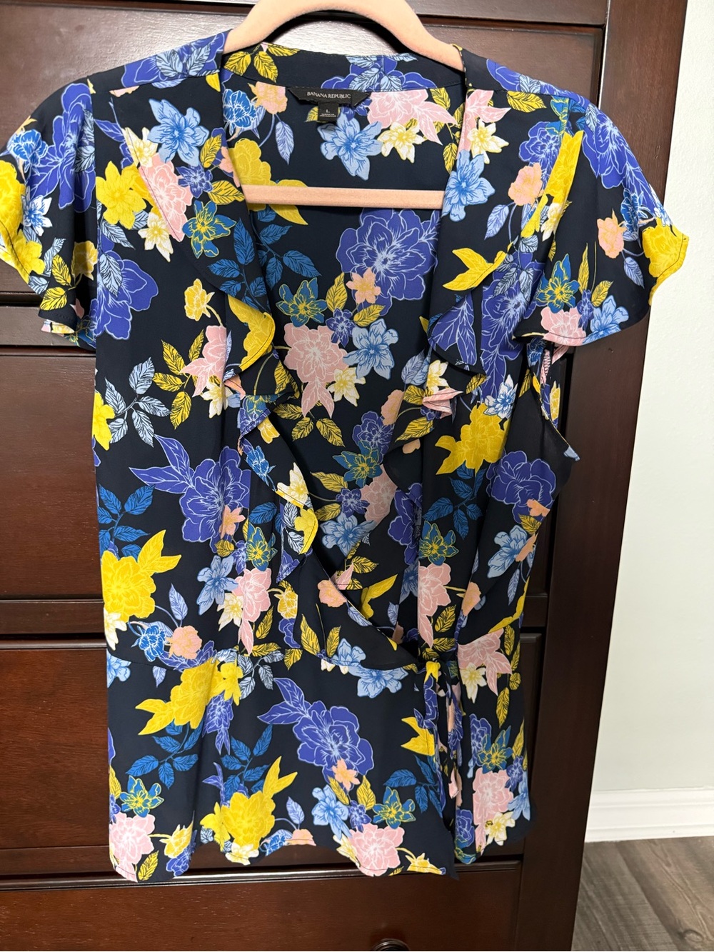 Banana Republic Navy Blue Floral Blouse with Yellow, Blue & Pink Blooms